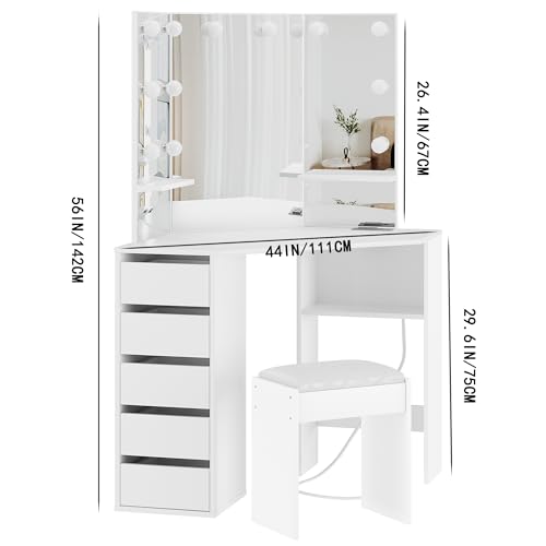 Knowfunn Corner Vanity Desk Set with 3-Folding Lighted Mirrors, Makeup Vanity Table with Charging Station, 5 Rotating Drawers and Storage Bench for Bedroom, White Knowfunn