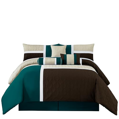Chezmoi Collection Upland 7-Piece Quilted Patchwork Comforter Set, Teal/Beige/Brown, King Chezmoi Collection