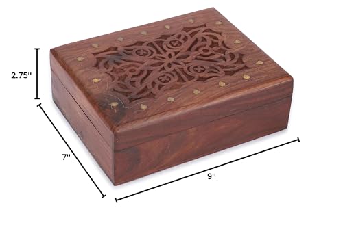 Ajuny Wooden Hand Carved Decorative Treasure Chest Trinket Jewelry Box Large Celtic Design Multipurpose Use Necklaces Watch Storage Organizer keepsake Holder Great for Gifts - 9x7 Inch Ajuny