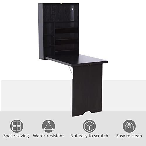 HOMCOM Wall Mounted Fold Out Convertible Desk, Multi-Function Floating Desk with Storage Shelf for Home Office, Espresso Brown HOMCOM