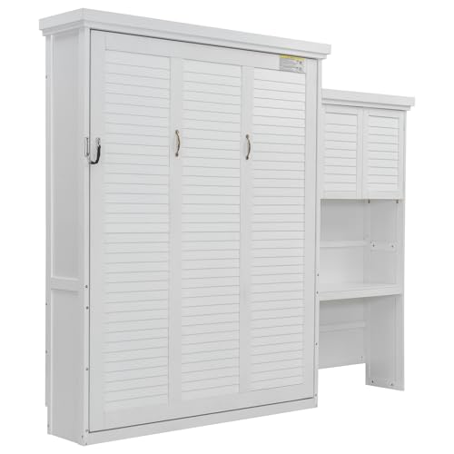 MERITLINE Queen Size Farmhouse Murphy Bed with Storage Cabinet and Shelves, Wooden Hidden Foldable Wall Bed Frame, Murphy Wall Bed Cabinet Queen for Adults, Space-Saving, White MERITLINE