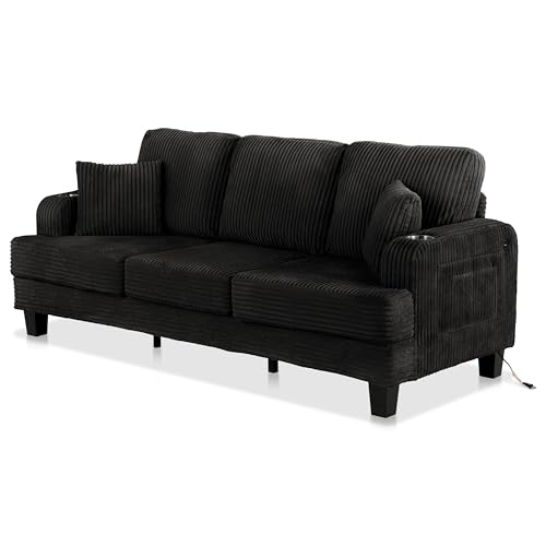 HOMES: Inside + Out Reese Modern Plush Chenille Couch with Side Pockets, Cup Holders and USB Ports, Wooden Comfortable Sofa for Living Room, Bedroom and Office, Black HOMES: INSIDE + OUT