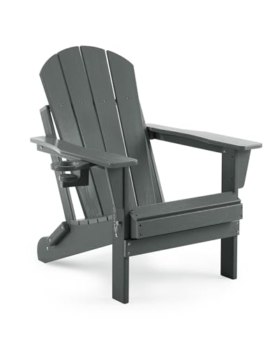 Serique Folding Adirondack Chair Wood Texture, Patio Chair Weather Resistant, Outdoor Chair, Lawn Chair with Cup Holder, Fire Pit Chair for Deck, Outdoor, Porch, Backyard, Garden (Grey) Serique