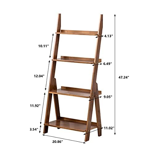 Maydear Bamboo Ladder Shelf Bookcase, 4-Tier Leaning Bookshelf Free Standing Organizer Storage Shelves for Living Room, Bedroom, Kitchen, Home Office, Balcony (Walnut) Maydear