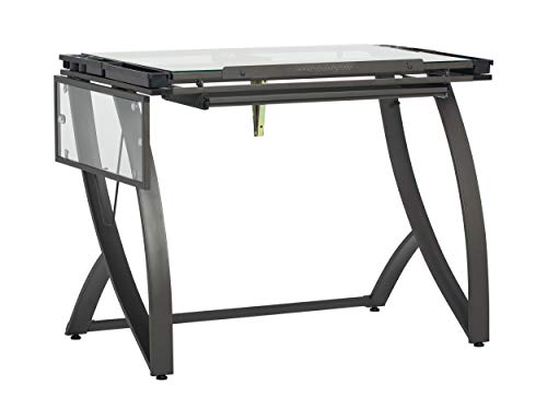 SD STUDIO DESIGNS Futura Luxe Drawing, Drafting, Craft Table with Drawer, 35" Wide Angle Adjustable Top and Side Shelf, Pewter Grey/Clear Glass SD STUDIO DESIGNS