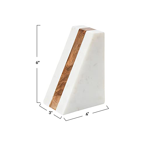 Main + Mesa Marble Geometric Bookends with Wood Inlay, White Main + Mesa