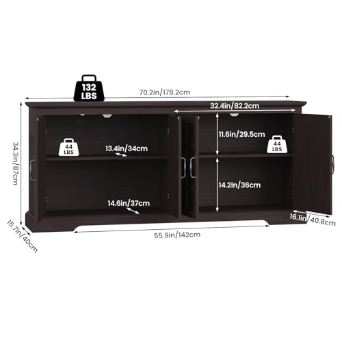 VVFLU 70" Sideboard Buffet Cabinet with Storage, Coffee Bar Cabinet with and 4 Doors, Long Wider Storage Cabinet Modern Farmhouse, Brown Wood, for Kitchen, Dining Room, Living Room VVFLU