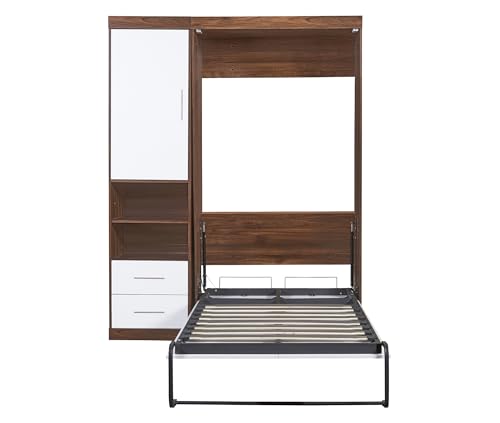 Ball & Cast Murphy Bed Twin Size Folding Wall Bed with Cabinet and Drawer,can be Folded,Wood Space-Saving Furniture Hideaway Platform Bedframe w/Slat Support,for Guest Room,Study,Office,White Ball & Cast
