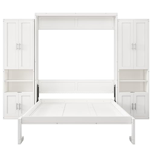 DNYN Queen Size Murphy Bed with Desk & Two Slide Storage Shelf for Small Space,Bedroom,Guest Room,Wooden Wall Bedframe w/Folding into Cabinet Design,Super Save Space & No Box Spring Needed, White DNYN