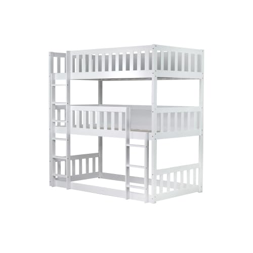 PVWIIK Twin Over Twin Over Twin Wood Bunkbeds with Ladder & Guardrails, Triple Bunk Bed w/Detachable Bunk Bed for Dorm, Bedroom,Guest Room,No Box Spring Needed,Easy Assembly, White PVWIIK