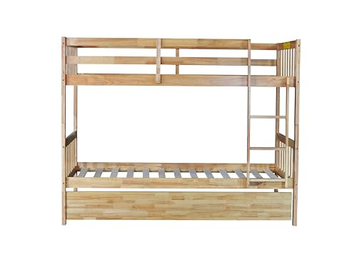 PVWIIK Convertible Bed Frame/Twin Size Rubber Wood Bunk Bed with Trundle for Kids/Boy/Girl Bedroom,Twin Over Twin Bunk Bed with Ladder and Safety Guardrails,No Box Spring Needed,Natural PVWIIK