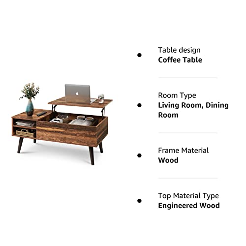 WLIVE Wood Lift Top Coffee Table with Hidden Compartment and Adjustable Storage Shelf, Lift Tabletop Dining Table for Home Living Room, Office, Rustic Oak WLIVE