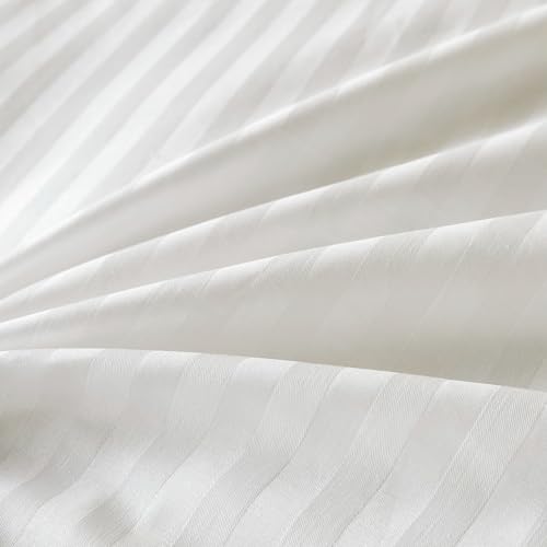 Amolavet Hotel Bedding Duvet Cover King Size Cotton White Satin Pin Striped Textured with Zipper - Duvet Cover King 3 Pcs Set 104x90 - Comforter Cover/Quilt Cover King Size Amolavet