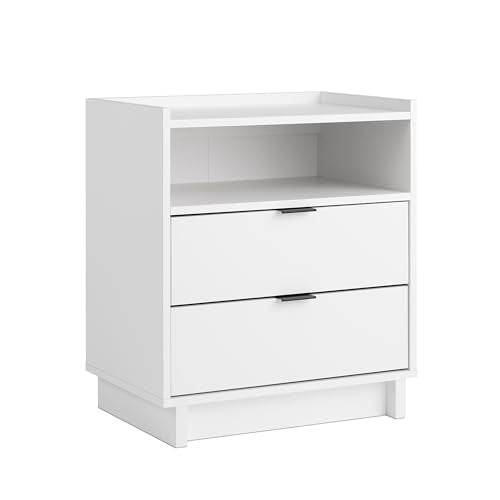 Prepac Simply Modern Nightstand Bedside Table, White Nightstand for Bedroom, End Table with 2 Drawers and Open Shelf 23.75" W x 26.75" H x 16" D Prepac