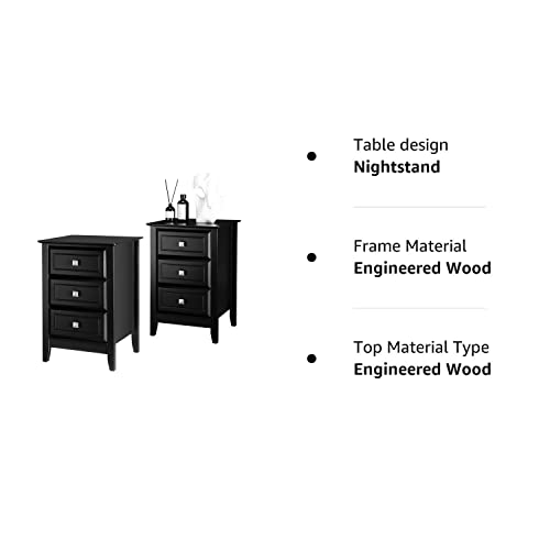 Bonnlo Upgraded 3 Drawers Night Stands for Bedrooms Set of 2, Wooden Black Nightstand Stylish, Modern Bed Side Table/Night Stand for Small Spaces, College Dorm, Kids’ Room, Living Room, 24H Bonnlo