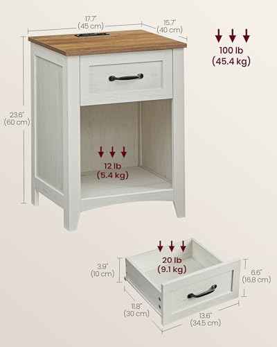 VASAGLE Farmhouse Nightstands with Charging Station, Set of 2, Bedside Tables with Drawer, Open Compartment, Side Tables with Storage, for Bedroom, Rustic White and Honey Brown ULET859K41 VASAGLE