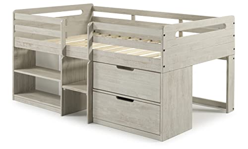 Donco Kids Twin Low Loft Bed with Bookcase and Storage Chest, Twin, Rustic Light Grey Donco Kids