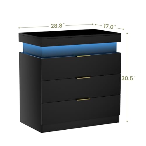 Night Stand with Charger Station and LED Lights,3 Drawers Nightstands with Sliding Top,Modern Bedside Table with Storage,Wooden End Table for Multiple Scenarios (Black) VERYKE