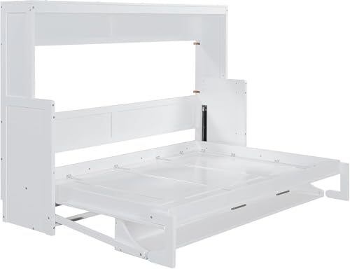 Full Horizontal Murphy Bed with Desk,Solid Wood Folding Hideaway Murphy Wall Bed for Adult,Guest Room (White) MERITLINE