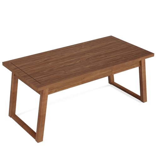 Tribesigns Home Office Executive Desk: 55 Inches Solid Wood Computer Desk with Drawer, Mid-Century Modern Study Writing Table, Rustic PC Laptop Desk Workstation Furniture, Walnut Brown Tribesigns