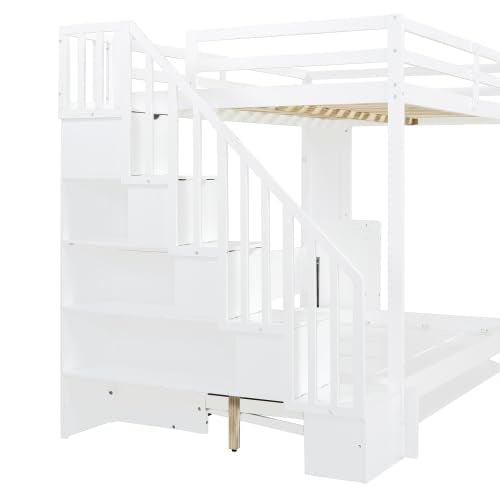 Full Murphy Bunk Bed with Desk and Hydraulic Lift, Full Over Full Size Murphy Bed with Storage Stairs, White Bellemave