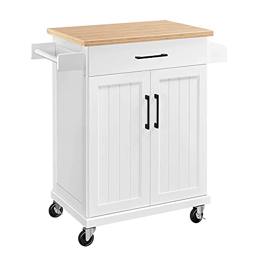 Yaheetech Kitchen Cart with Bamboo Tabletop, 34.5" Width Rolling Kitchen Island with Drawer and Adjustable Shelf, Storage Cabinet with Spice Rack Towel Bar for Dining Room Kitchen Living Room, White Yaheetech