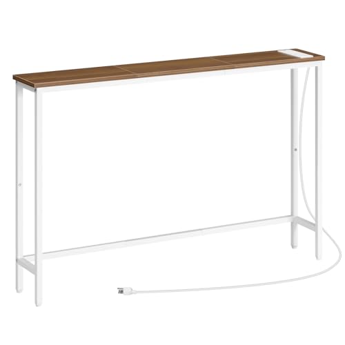 HOOBRO Narrow Console Table with Power Outlets, 44.9 Inches Sofa Table, Slim Behind Couch Table, Entryway Table with Display Shelf, for Living Room, Foyer, Hallway, Walnut and White WH114UXG01 HOOBRO