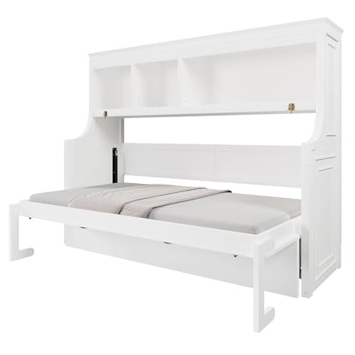 MERITLINE Twin Size Horizontal Murphy Bed with Desk and Storage Shelves, Wooden Twin Folding Murphy Wall Bed for Adult Home Office, Apartment, Small Spaces, White MERITLINE