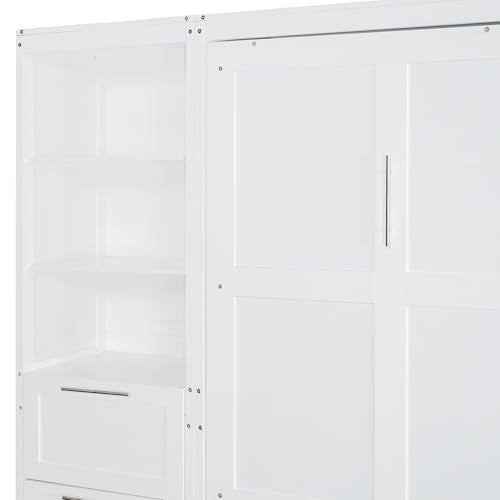 Quarte Modern Queen Size Murphy Bed with Closet, Drawers and Shelves, Cabinet Bed Folding Wall Bed for Guest Room, Office (White@1) Quarte