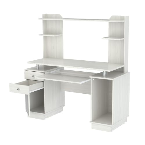 Inval America Computer Work Center with Hutch, Pull-Out Keyboard Tray, Drawers, Desk Workstation, 53.5"H x 48.62"W x 19.5"D, Washed Oak Inval