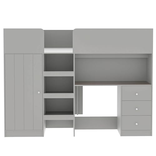 Harper & Bright Designs Full Size Loft Bed with Desk, Wood Full Loft Bed Frame with Built-in Wardrobe, Storage Shelves and Drawers, Gray Harper & Bright Designs