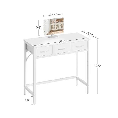 YATINEY Makeup Vanity Desk with Mirror and Lights, Vanity Table with 3 Fabric Drawers Storage Desk for Bedroom, Make Up Dressing Table with Folding Mirror, for Small Spaces, White YATINEY