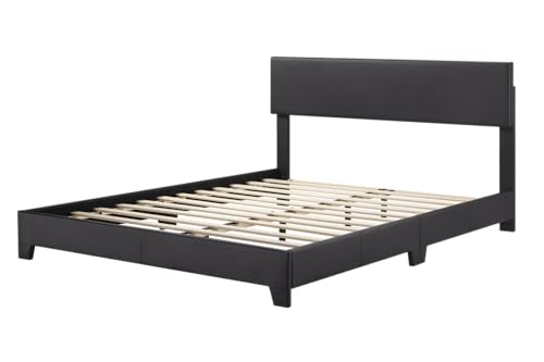 Allewie Queen Bed Frame with Adjustable Headboard, Faux Leather Platform Bed with Wood Slats, Heavy Duty Mattress Foundation, No Box Spring Needed, Noise-Free, Easy Assembly, Black Allewie
