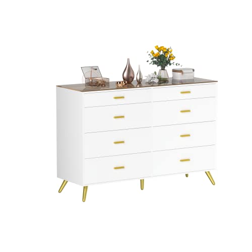 PAKASEPT White Dresser with LED Lights for Bedroom,8 Drawer Dressers with Tempered Glass Top,Chests of Drawers with 2 Grid Drawer,Storage Organizer Dresser for Hallway,Living Room PAKASEPT