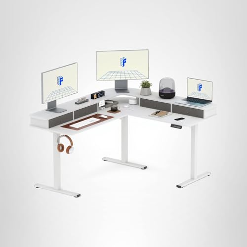 FLEXISPOT 63" L Shaped Standing Desk with Shelf Electric Corner Table, Drawers, Adjustable Computer Workstation for Home, Office,63x55in, White Top + White Frame FLEXISPOT