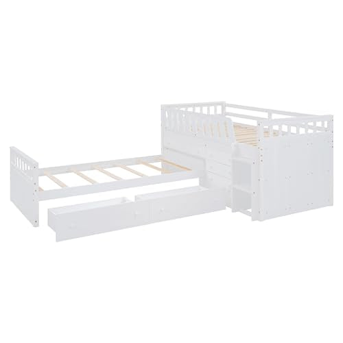 Ball & Cast L-Shaped Space-Saving Twin Low Loft with Platform Bed,Bunk Bedframe W/Full Safty Guardrails & 7 Drawers,Sturdy Construction,Easy Assembly,Functional Bedroom Set for Boy Girl Keens,White Ball & Cast