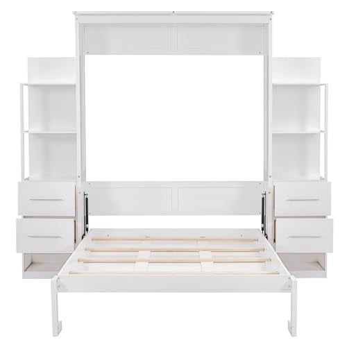 MERITLINE Full Murphy Bed with Storage Drawers,LED Lights and Storage Bookcase Shelves,Wood Murphy Wall Bed Cabinet for Adults MERITLINE