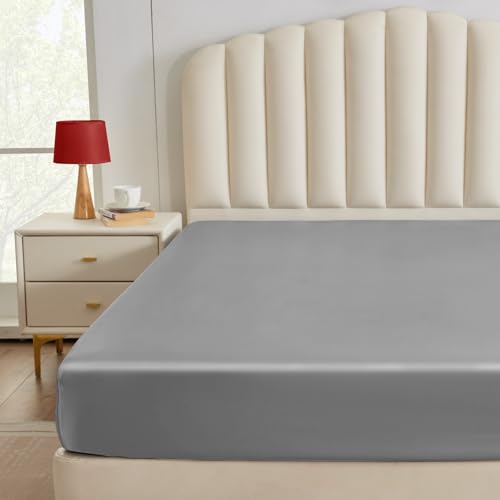 CozyLux Satin Fitted Sheet Twin Size, Light Grey Silky Satin Bed Fitted Sheet Only with Silky Microfiber, Deep Pocket, Single Bottom Sheet Sold Separately, Breathable, Smooth and Soft CozyLux