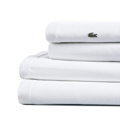 Lacoste 100% Cotton Percale 4-Piece Sheet Set – Cool, Crisp, Matte, and Durable, Oeko-Tex Certified – Solid, White, Standard King