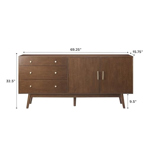 Walker Edison Mid-Century Modern Wood Kitchen Buffet Sideboard Entryway Serving Storage Cabinet Doors-Dining Room Console, 70 Inch, Walnut Walker Edison