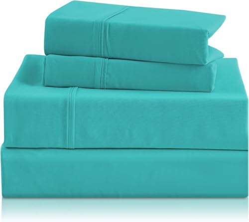 CozySmile Breathable Cooling Full Sheet Set - Hotel Luxury 4 Piece Deep Pocket Sheets for Full Size Bed, Fits 16" Mattress, Easy Care Wrinkle Free Bedding Sheet and Pillowcase Set, Turquoise CozySmile