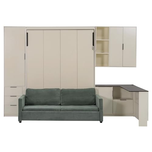 Quarte Queen Size Murphy Bed with Hydraulic Lift, Foldable Wall Bed with Sofa, Storage Shelves, USB Charging & LED Lighting, Space-Saving for Small Apartments Bedroom (Beige+Green Sofa) Quarte