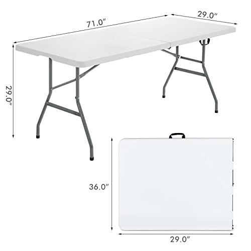 Nightcore, White 6', Indoor Outdoor Utility Portable Picnic Party Dining Camp Rounded Corners & Handle, Plastic HDPE Folding Table GLACER
