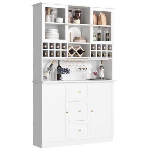 VOWNER 78'' Bar Cabinet with LED Light and Storage Shelves, Tall Freestanding Liquor Cabinet with Wine & Glasses Rack, Storage Cabinet for Kitchen,Dining Room, White VOWNER