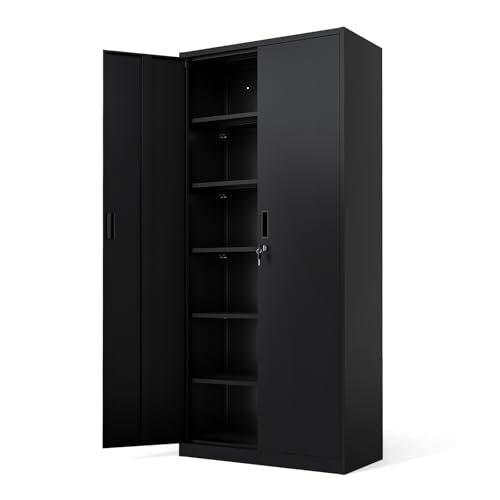 VINGLI Metal Garage Storage Cabinet with 2 Doors and 5 Adjustable Shelves, 71" Tall Steel Lockable File Cabinet, Locking Tool Cabinets for Home Office Garage Gym School (Black) VINGLI