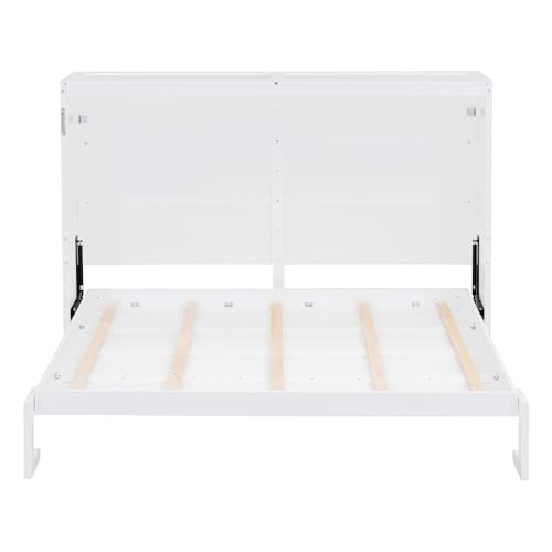Merax Full Size Murphy Bed, Wood Hidden Foldable Wall Bed Frame w/Gas Struts, Storage Bed Cabinet for Bedroom, Office, Space-Saving, No Box Spring Needed, White Merax