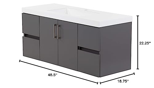 Spring Mill Cabinets Innes 48 Inch Floating Bathroom Vanity with White Single Sink Top, 2-Door Cabinet, 4 Soft-Close Drawers, 48.5" W x 18.75" D x 22.25" H, Cement Spring Mill Cabinets