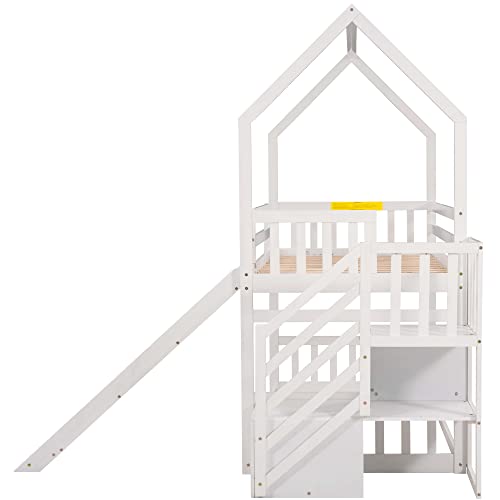 Twin Over Twin House Bunk Bed Frames with Slide and Storage Staircase, No Box Spring Needed, White Merax