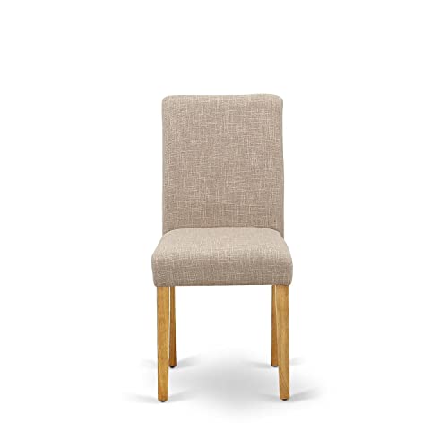 East West Furniture ABP4T04 Abbott Parson Dining Chairs - Light Tan Linen Fabric Padded Dinette Chairs, Set of 2, Oak East West Furniture