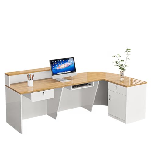 LITFAD L-Shape Computer Front Desk Manufactured Wood Reception Desk with Hutch, Cable Management and Keyboard Tray, Modern Checkout Counter for Office, Beauty Salon, Right Corner - White/Orange LITFAD